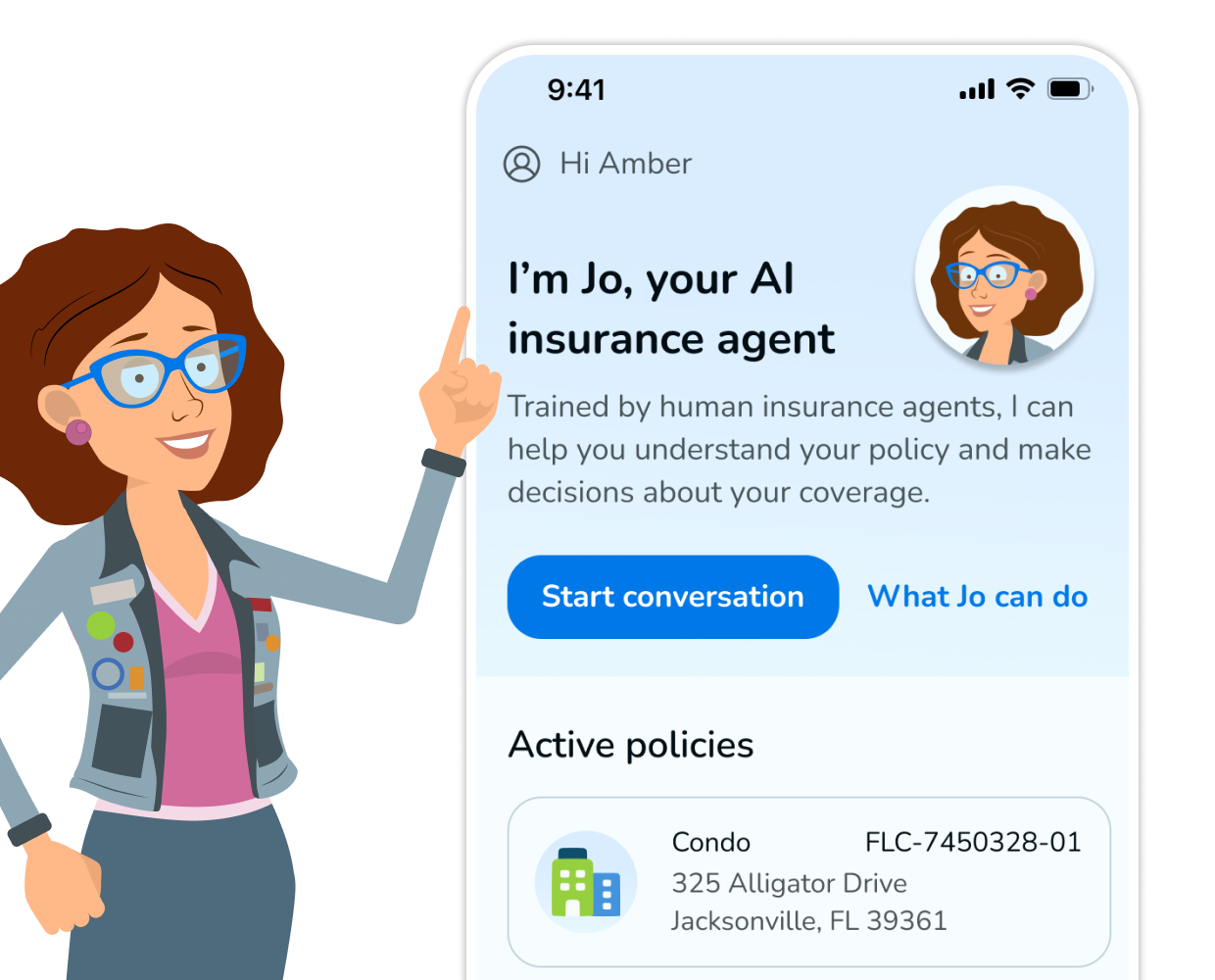 Jo Insurance Agent character and the product image home screen