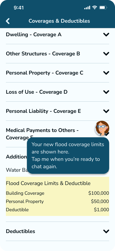 Phone screen with Jo Agent showing a customer where to find their Flood coverage information