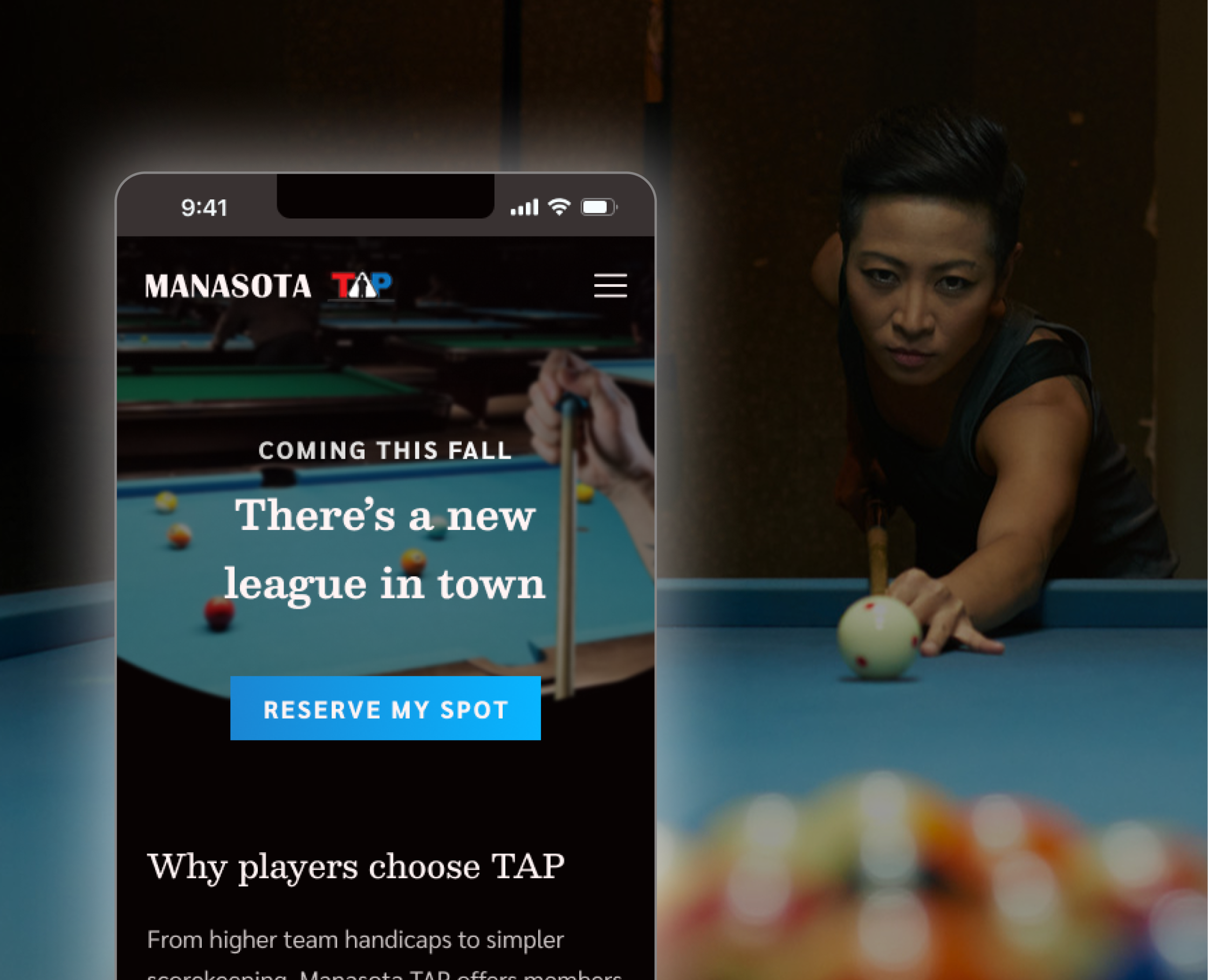 mobile screen of Manasota TAP home page with woman shooting pool in the background