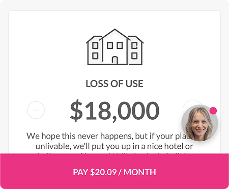 App screen with user being presented with Loss of Use Coverage purchase options, with Maya in the corner of the screen